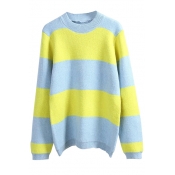Round Neck Long Sleeve Color Block Stripe Sweater