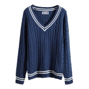 Cable Knit Stripe V-Neck Long Sleeve Sweater