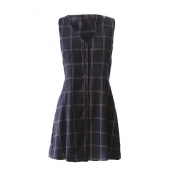 Button Down V-Neck Plaid Sleeveless Short Dress
