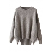 Plain Long Sleeve High Low Round Neck Sweater