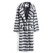 Double Breasted Lapel Plaid Tie Belted Long Coat