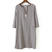 3/4 Length Sleeve Round Neck Stripe Shift Dress