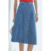 A-Line Blue Midi Button Denim Skirt