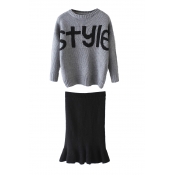 Long Sleeve Letter Print Knit Top with Plain Midi Skirt