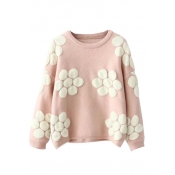 Floral Panel Round Neck Batwing Sleeve Sweater