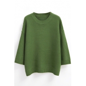 Plain 3/4 Sleeve Round Neck Tunic Sweater