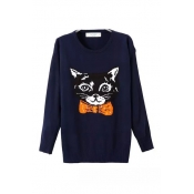 Cat Print Round Neck Long Sleeve Sweater