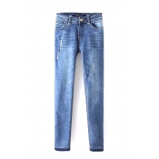 Zipper Fly Ripped Single Button Wash Jeans