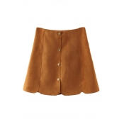 Plain Button Fly Petal Hem Suede A-Line Mini Skirt