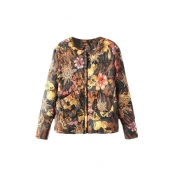 Floral Print Collar Zipper Long Sleeve Double Pocket Cotton Padded Coat