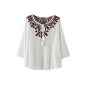 Round Neck Tribal Embroidery 3/4 Length Sleeve Shirt