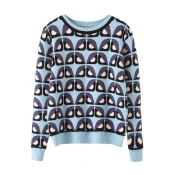 Round Neck Owl Print Long Sleeve Sweater