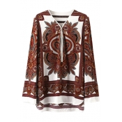 Zipper Detail Tribal Print Long Sleeve V-Neck Blouse
