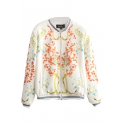 Stand Collar White Background Long Sleeve Abstract Print Bomber Jacket