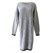 Gray Long Sleeve Color Block Trim Sweater Dress