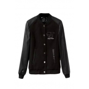 Stand Collar PU Insert Single Breasted Long Sleeve Bomber Jacket