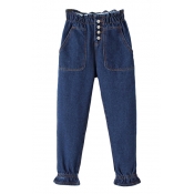 High Elastic Waist Buttons Crop Jeans