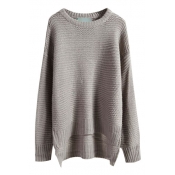 Plain Long Sleeve Round Neck High Low Sweater