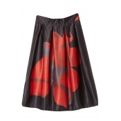 Black High Waist Floral Print Midi A-Line Skirt