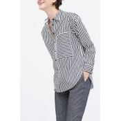 Black and Wide Stripe Single Pocket Lapel Long Sleeve Shirt