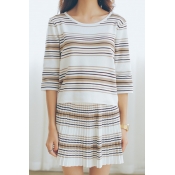 Stripe Half Sleeve Crop Sweater with Pleated Skirt
