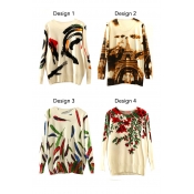 Colorful Print Round Neck Long Sleeve Tunic Sweater