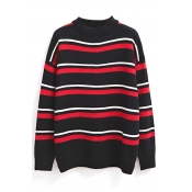 Stripe Round High Neck Long Sleeve Tunic Sweater