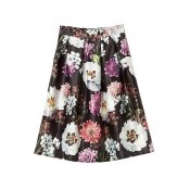 Floral Print High Waist Midi Full Skirt