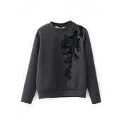 Black Tiger Embroidery Round Neck Long Sleeve Sweatshirt