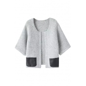 3/4 Length Sleeve PU Panel Round Neck Open Front Cardigan