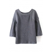 Scoop Neck 3/4 Length Raglan Loose Sleeve Plain Sweater