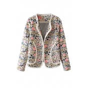Collarless Floral Print Long Sleeve Open Front Coat