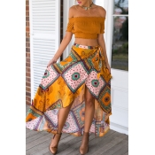 Tie Waist Tribal Print Asymmetrical Maxi Skirt