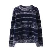 Round Neck Long Sleeve Stripes Pullover Sweater