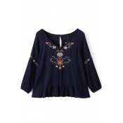 V-Neck 3/4 Length Sleeve Floral Embroidery Blouse