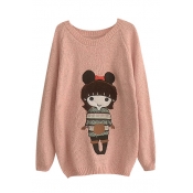 Round Neck Long Sleeve Cartoon Embroidery Sweater