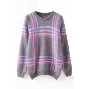 Colored Plaid Round Neck Long Sleeve Sweater