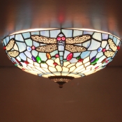 Fancy Stained Glass 16 Inch Wide Tiffany Flush Mount Ceiling Light with Dragonfly Pattern