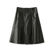 Zipper Back Double Pockets Midi PU Skirt