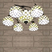 Beige Colored Bead Decorated Downward 8-light Tiffany Chandelier with Center Bowl