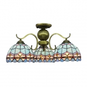 Intricate Lattice Motif 3/5 Lights Tiffany Chandelier with Stained Glass Dome Shades for Living Room Restaurant
