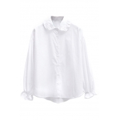 Elastic Wrist Ruffle Hem Lapel Long Sleeve White Shirt