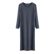 Plain Round Neck 3/4 Length Sleeve Knit Maxi Dress