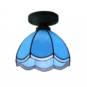 Downlight Bowl Blue Stained Glass Tiffany One-light Semi Flush Mount Ceiling Light