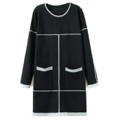 Round Neck Long Sleeve Color Block Double Pockets Dress