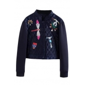 Stand Up Neck Cartoon Embroidery Cropped Padded Coat
