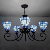 Five Lighted Blue Colored Upward Tiffany Chandelier with Blue and White Shade