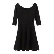 Scoop Neck Half Sleeve Black A-Line Dress