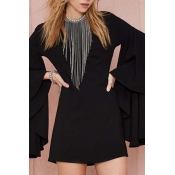 Flared Long Sleeve Zip Back Black Mini Dress