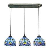Blue Stained Glass Bronze Long Base Tiffany 3-light Hanging Pendant